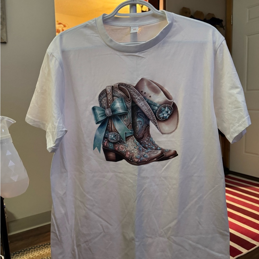 White Graphic Tee with Cowboy Boot Design